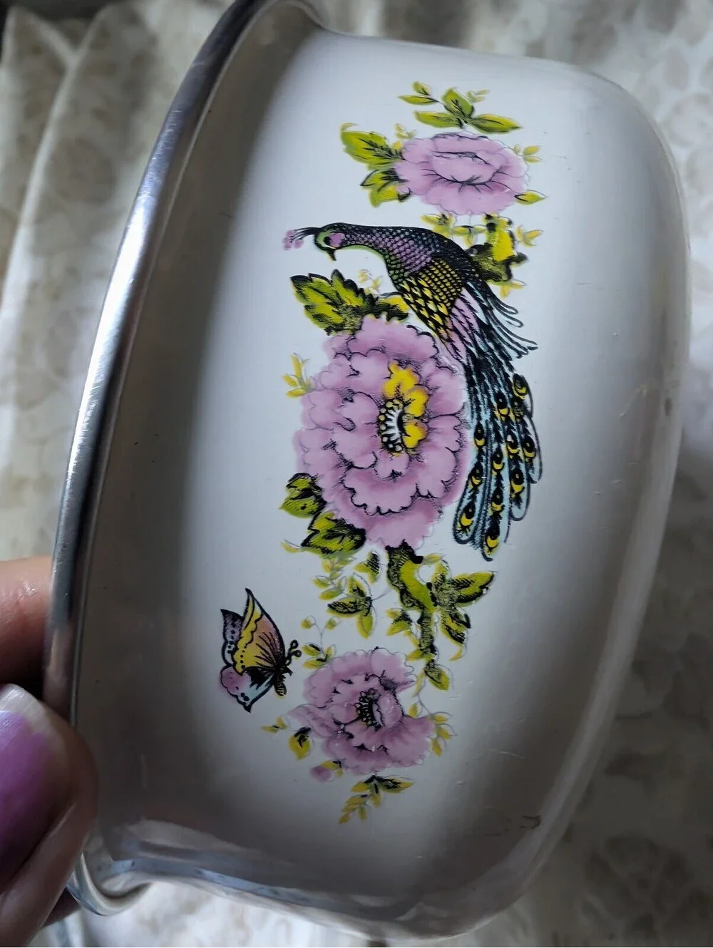 Vintage Floral Enamel Bowl with Peacock Design